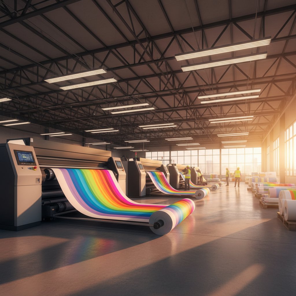 Outdoor advertising production facility showing large format printing equipment and finished signage products